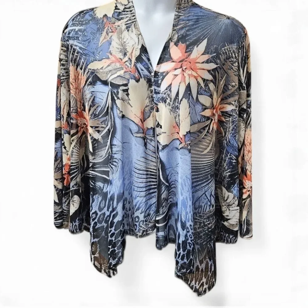 CHICO'SโEASYWEAR Flowers Of Paradise Mesh Open Front Makenzie Jacket Size 3/XL - Picture 1 of 13